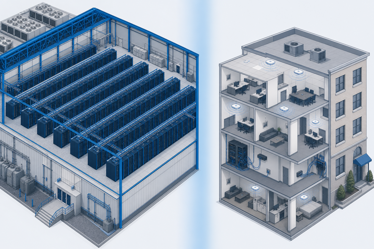 Isometric contrast between a hyperscale data center and a typical CRE building's mixed network gear — OpticWise Insights