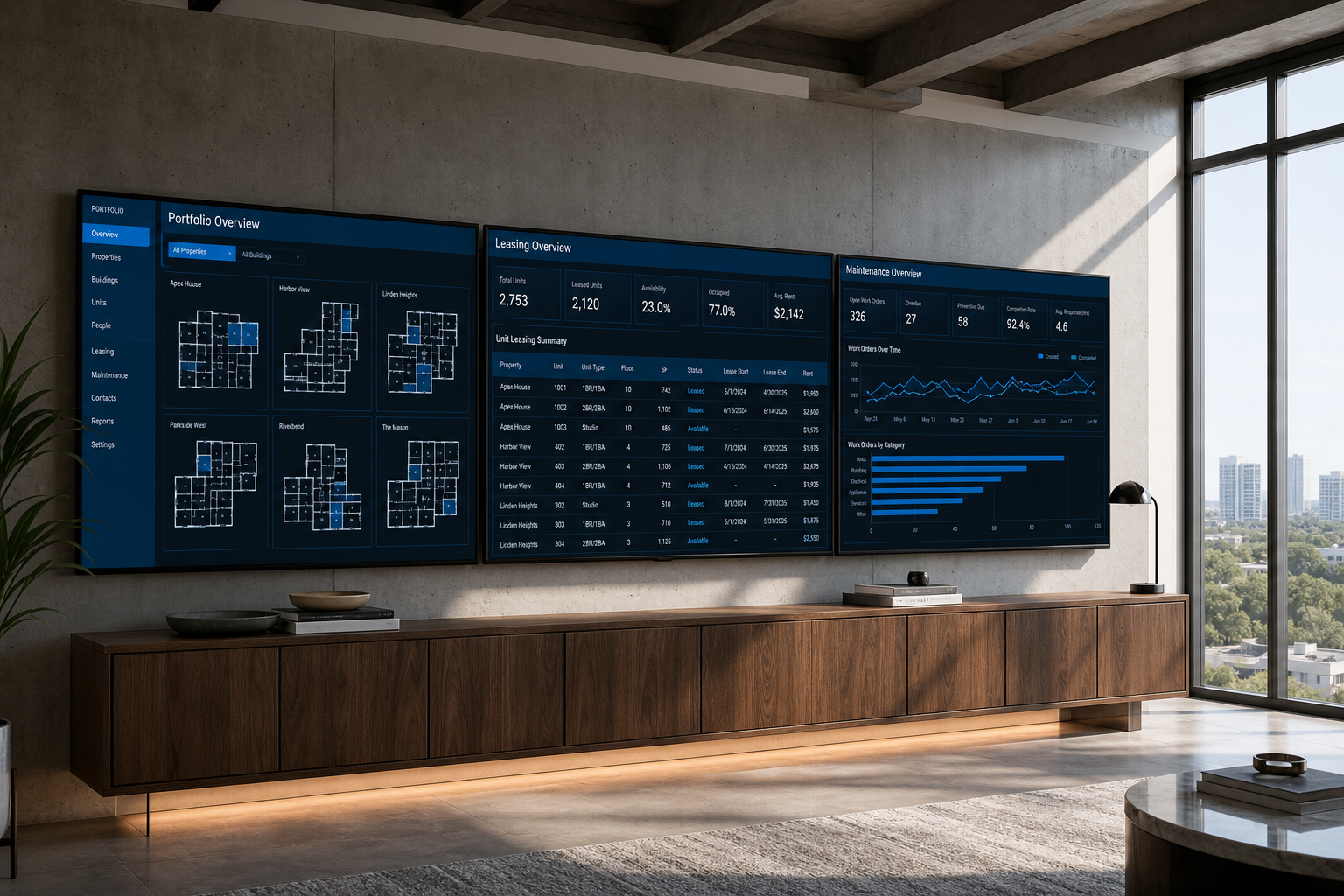 Multifamily property data operations room with three wall-mounted displays showing unified portfolio data — OpticWise Insights