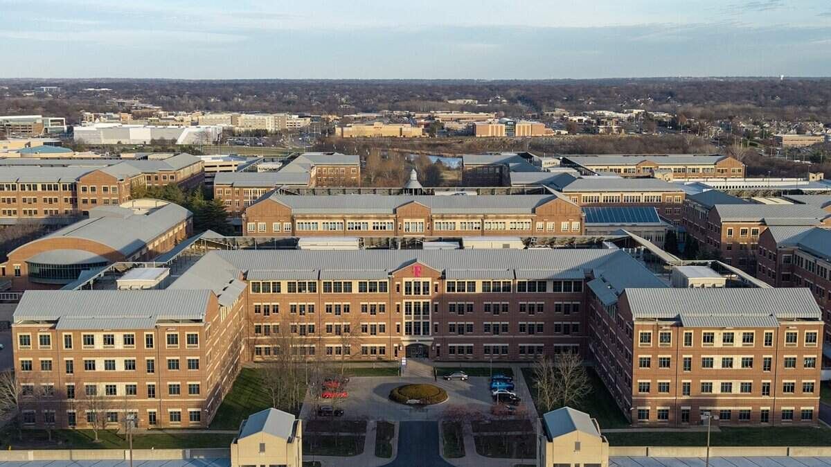 Closer aerial view of office buildings at Aspiria Campus, Overland Park, Kansas